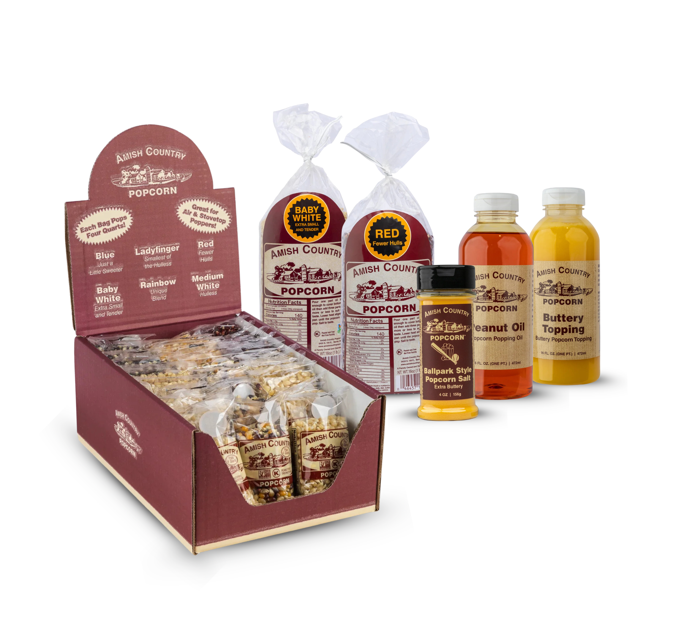 One 30/4oz Sampler, Two 1 Pound Bags of Popcorn, Two Oils and One Salt/Seasoning