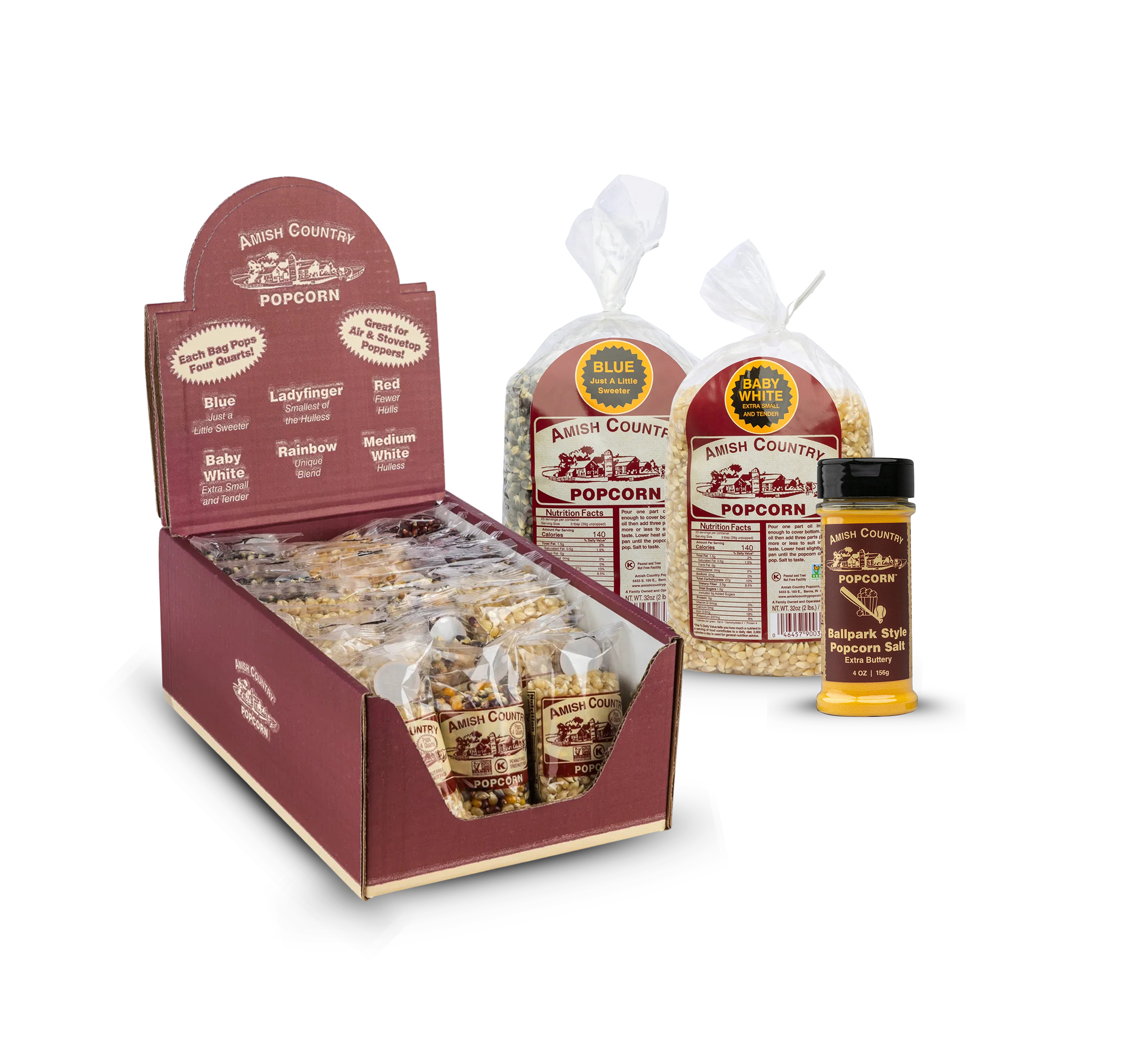 30/4oz Sampler, One 6 oz Salt and Two 2 Pound Bags of Popcorn