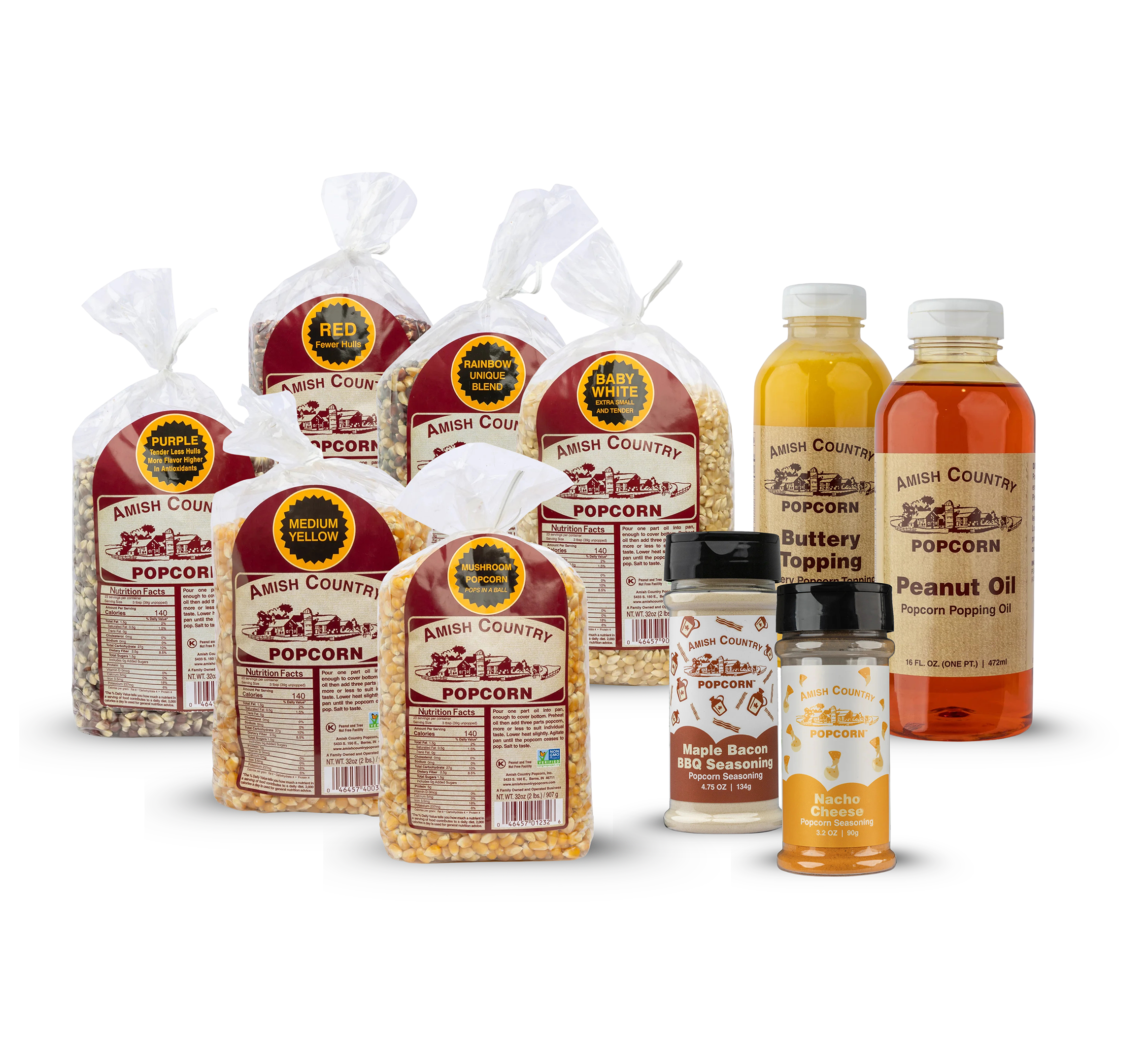 Six 2 lb Bags of Popcorn w/ Two 6 oz Salts or Seasonings and Two Oils